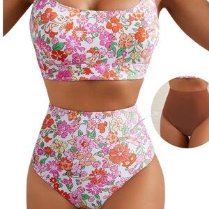 Eytino Vibrant Floral pink, orange, & white high waisted 2pc Bikini Set new!